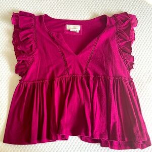 Anthropologie Womens Caroline Ruffled Babydoll Top Flutter Sleeve Pink Small